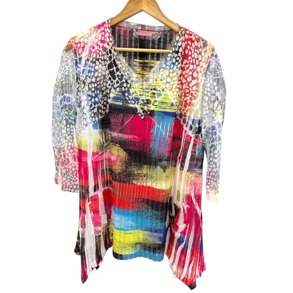 Impulse California Tunic Top XL Abstract Multicolor Sheer 3/4 Sleeve Boho Art